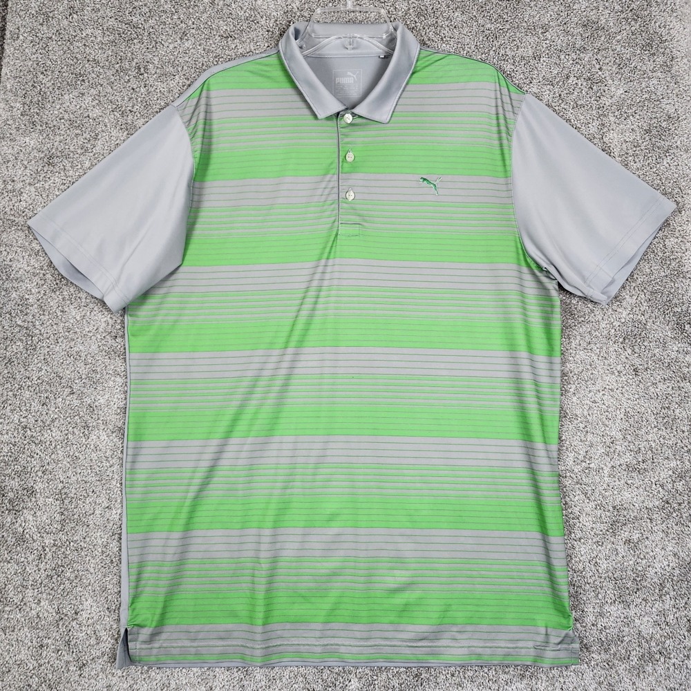 Puma Men's Polo Shirt Large Green Striped Golf Sport Lifestyle Dry Cell